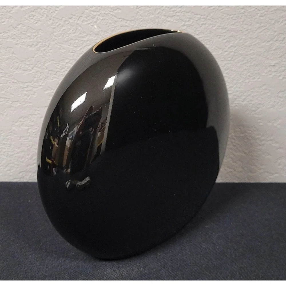 Vintage Otagiri Japan Crimson Rose Black Porcelain Vase 7 x 6 Inch